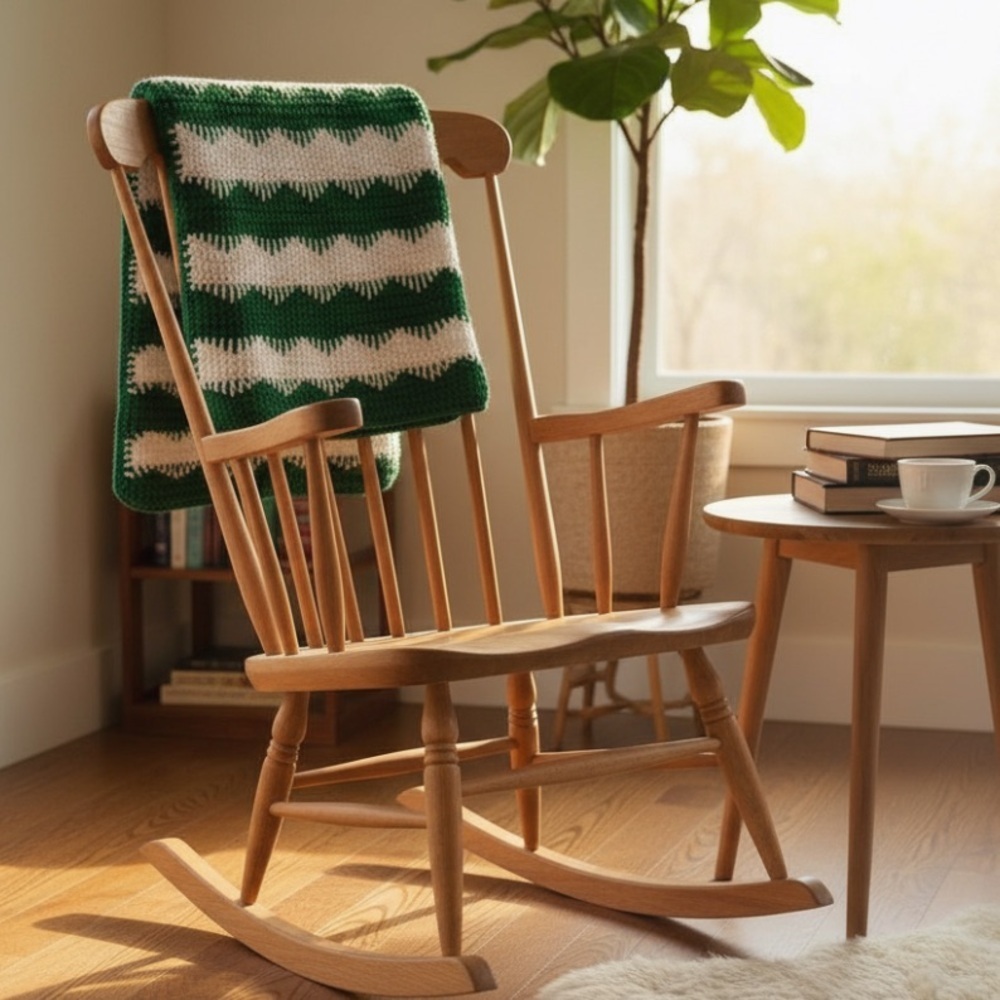 Hand crafted Crochet Blanket Green White Handmade Throw
